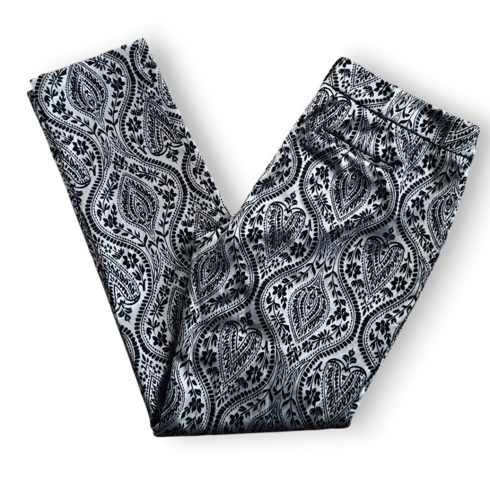 Worthington Black & White/Silver Satin-Textured Paisley Slim Pants Size 10